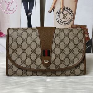 Authentic GUCCI GG Supreme Sherry Line Brown/Beige Clutch Bag
